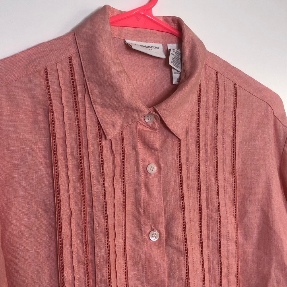 Liz Claiborne Liz Sport Pink Lagenlook 100% Linen Button Down Size Medium - Picture 4 of 9